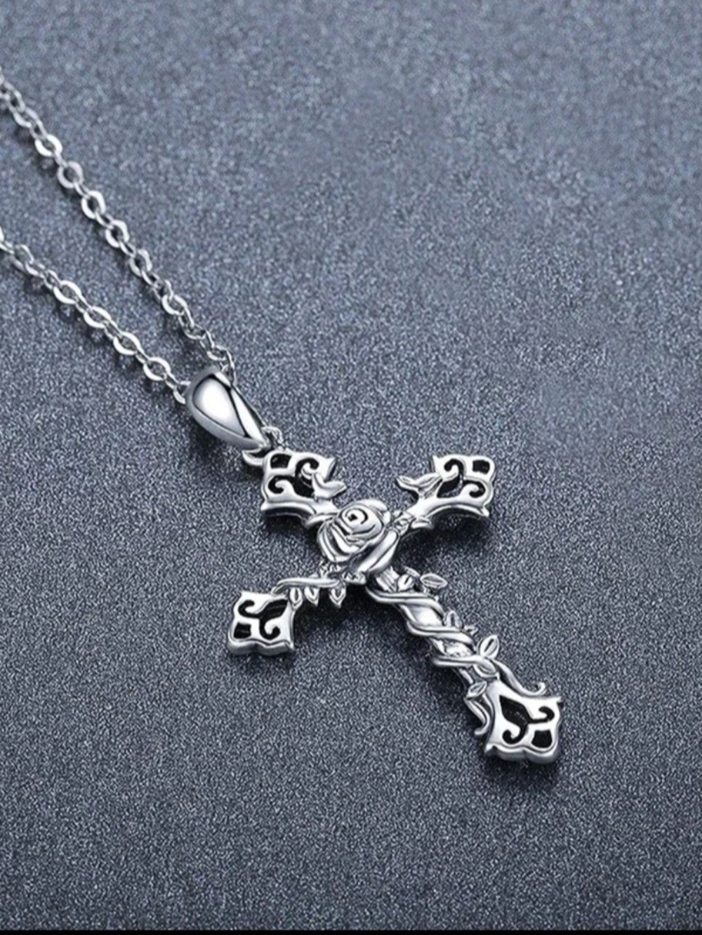 Silver Rose Vine Cross Pendant Necklace - Women Jewelry